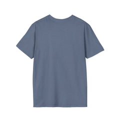 Heather Indigo adult T-shirt with a printed image of a dog and the humorous text 'Dumbbells? Belly Rubs?', designed for dog lovers and fitness enthusiasts.  Back View