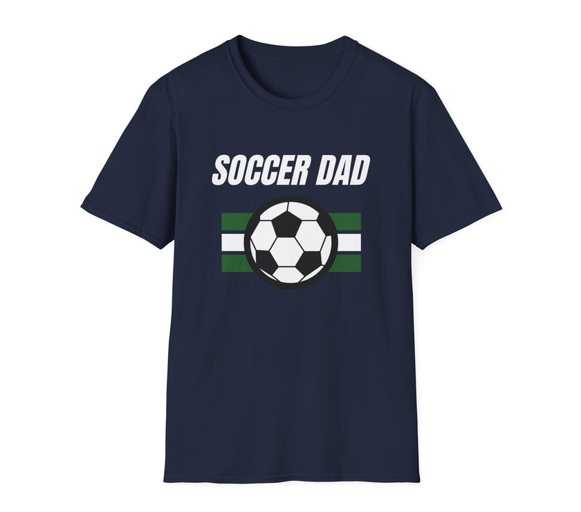 Navy blue t-shirt with 'Soccer Dad' text and soccer ball graphic on a white background
