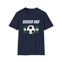 Navy blue t-shirt with 'Soccer Dad' text and soccer ball graphic on a white background