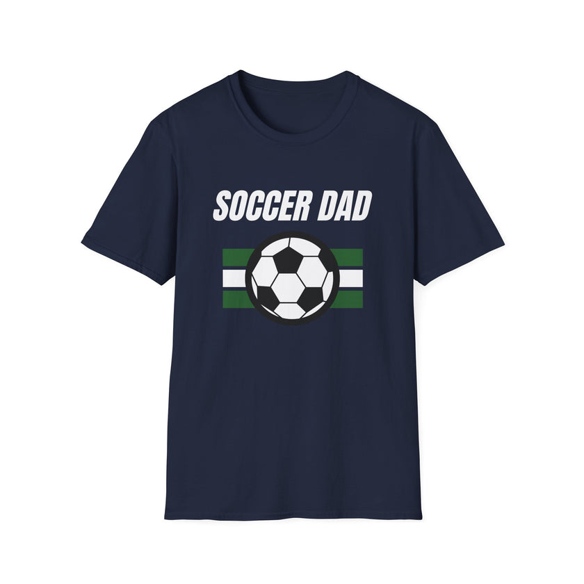 Navy blue t-shirt with 'Soccer Dad' text and soccer ball graphic on a white background