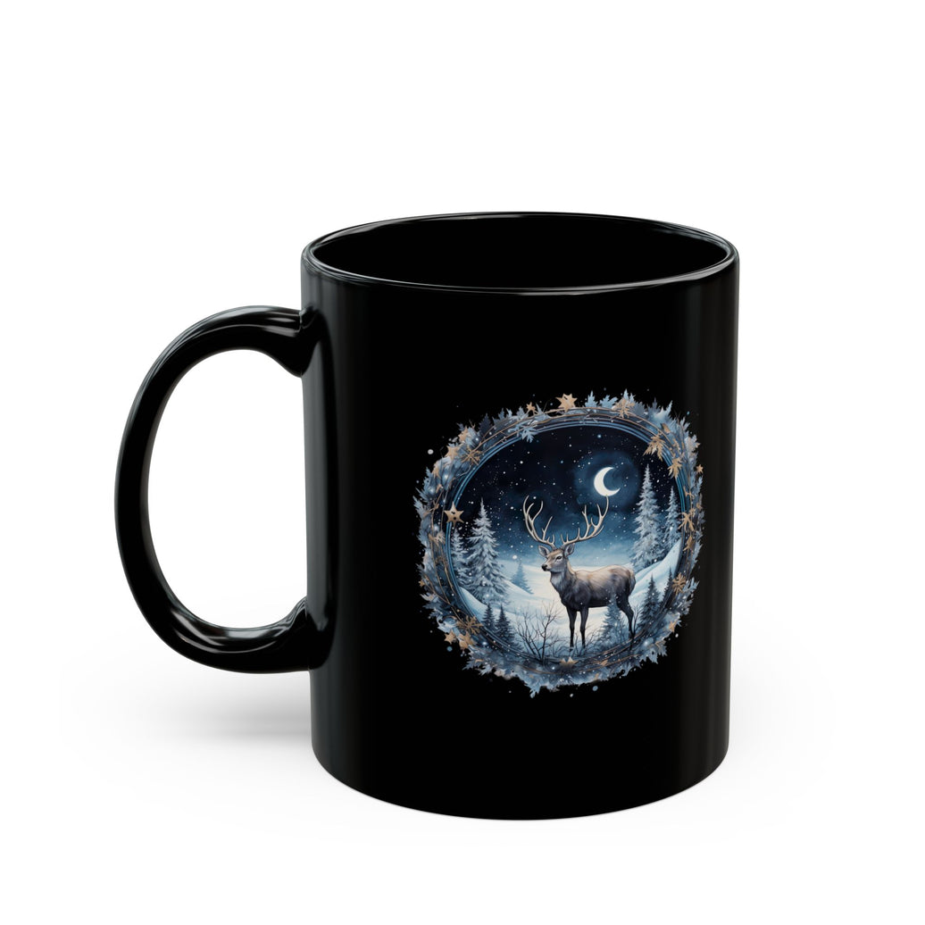 Black mug with a deer and moon design on a white background