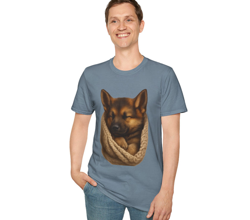 Man wearing a blue t-shirt with a dog graphic on a white background