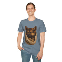 Man wearing a blue t-shirt with a dog graphic on a white background