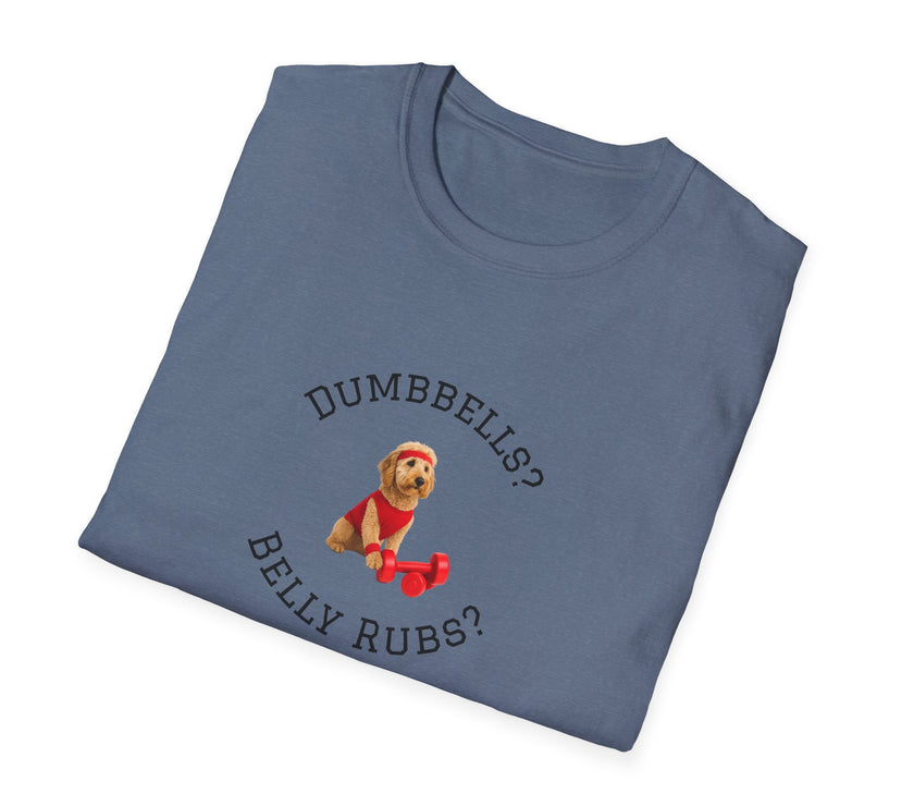 Folded blue t-shirt with a dog graphic and text on a white background