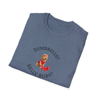 Folded blue t-shirt with a dog graphic and text on a white background