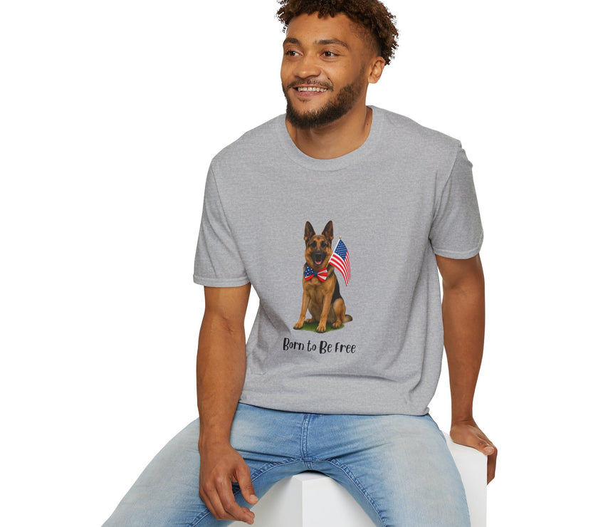 Sport Grey t-shirt featuring a patriotic German Shepherd wearing an American flag bowtie and holding U.S. flags, with the phrase "Born to Be Free" printed below — perfect for dog lovers and patriotic Americans.