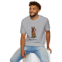 Sport Grey t-shirt featuring a patriotic German Shepherd wearing an American flag bowtie and holding U.S. flags, with the phrase "Born to Be Free" printed below — perfect for dog lovers and patriotic Americans.