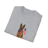 Sport Grey t-shirt featuring a patriotic German Shepherd wearing an American flag bowtie and holding U.S. flags, with the phrase "Born to Be Free" printed below — perfect for dog lovers and patriotic Americans.