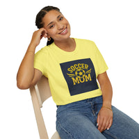 Woman wearing a yellow t-shirt with 'Soccer Mum' text, sitting on a chair.