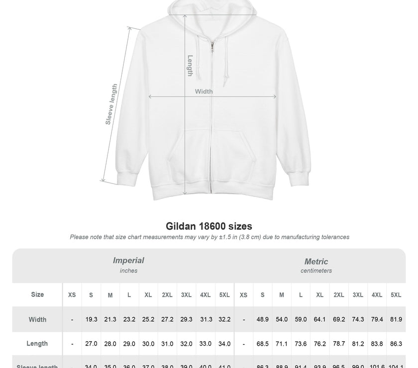 White hoodie with measurement chart on a white background