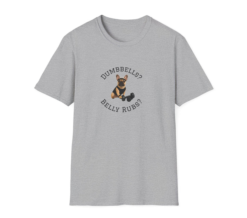 Gray t-shirt with a dog graphic and text on a white background