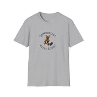 Gray t-shirt with a dog graphic and text on a white background