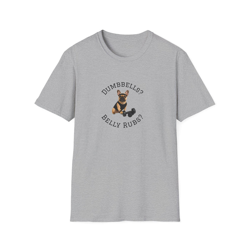 Gray t-shirt with a dog graphic and text on a white background