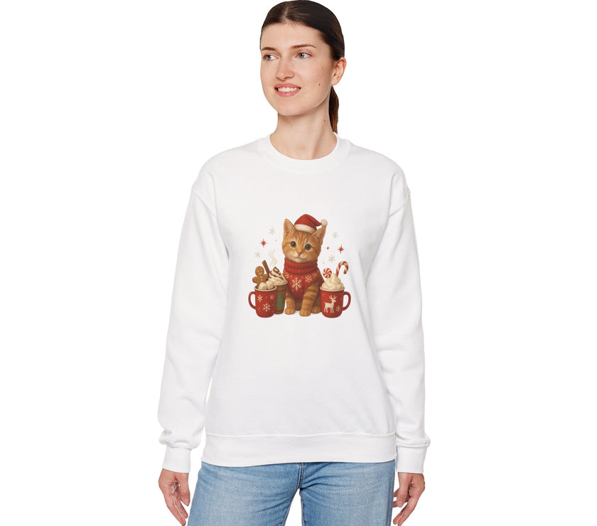 Woman wearing a white sweatshirt with a Christmas-themed cat design on a white background