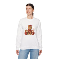 Woman wearing a white sweatshirt with a Christmas-themed cat design on a white background