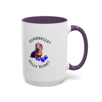 Two tone ceramic mug featuring a dachshund next to dumbbells and the humorous text 'Dumbbells? Belly Rubs?', designed for dog lovers and fitness enthusiasts.