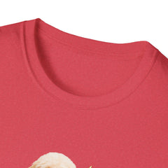T-shirt featuring a cute golden doodle puppy wearing an American flag bow tie and holding a small U.S. flag, with the phrase 'Born to Be Free' printed below the image.  collar