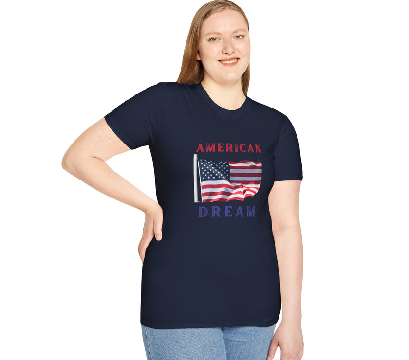 Female wearing T-shirt featuring an American flag graphic with the words 'AMERICAN DREAM' in red and blue text above and below the flag