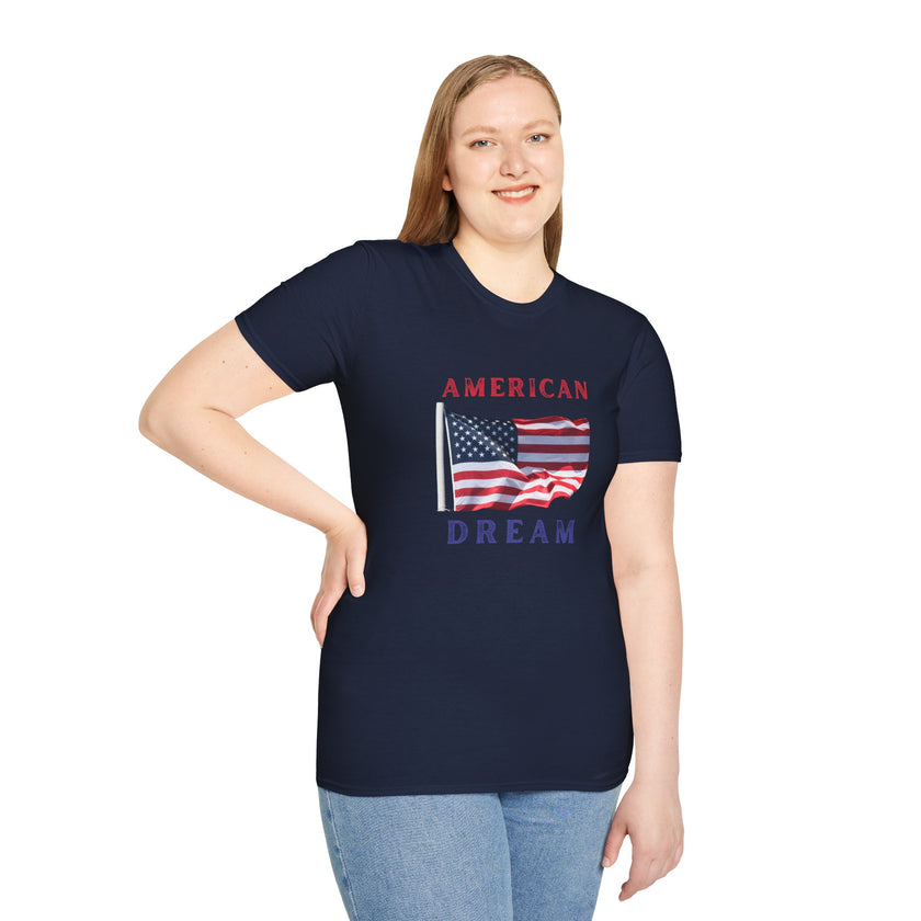 Female wearing T-shirt featuring an American flag graphic with the words 'AMERICAN DREAM' in red and blue text above and below the flag