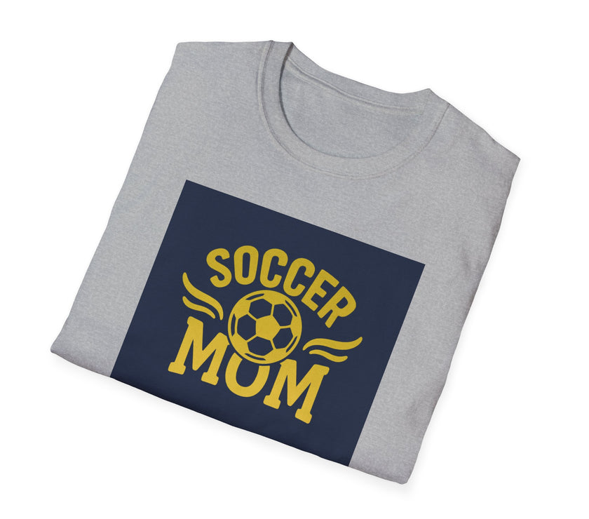 Folded gray t-shirt with 'Soccer Mum' text on a navy background