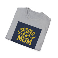 Folded gray t-shirt with 'Soccer Mum' text on a navy background