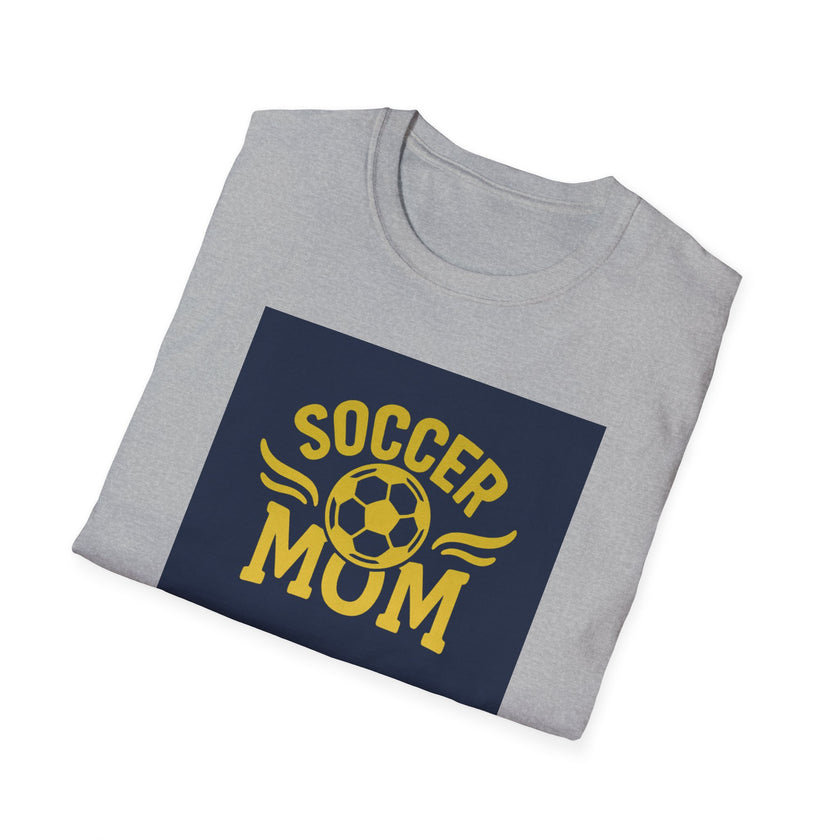 Folded gray t-shirt with 'Soccer Mum' text on a navy background