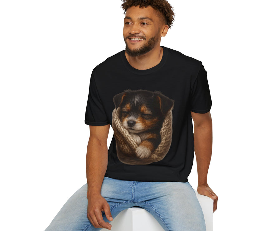 Man wearing a black t-shirt with a graphic of a dog sitting on a white background