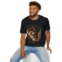 Man wearing a black t-shirt with a graphic of a dog sitting on a white background
