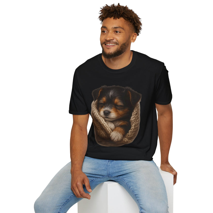Man wearing a black t-shirt with a graphic of a dog sitting on a white background