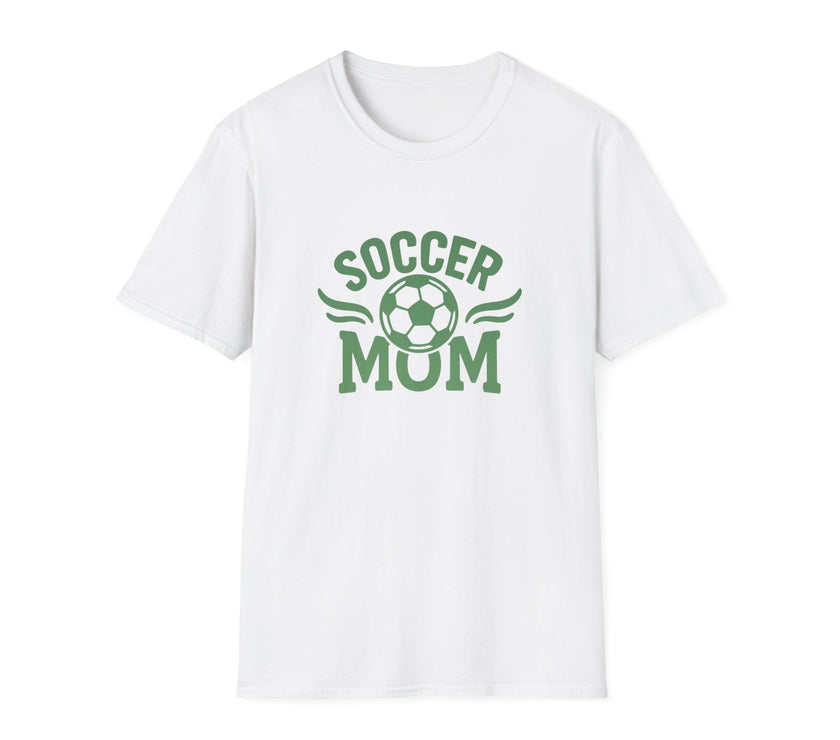 White t-shirt with 'Soccer Mum' text and soccer ball graphic on a white background