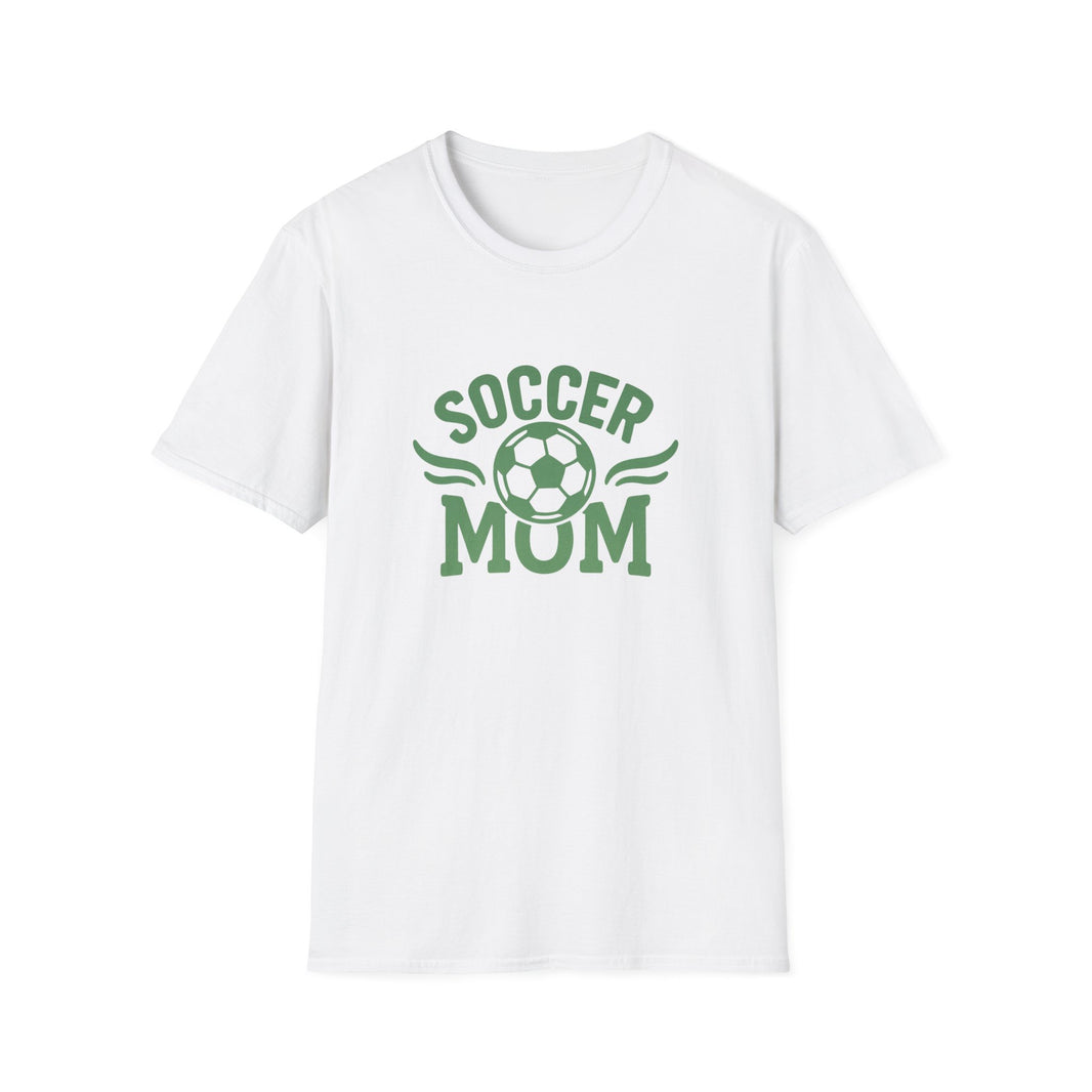 White t-shirt with 'Soccer Mum' text and soccer ball graphic on a white background