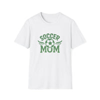 White t-shirt with 'Soccer Mum' text and soccer ball graphic on a white background
