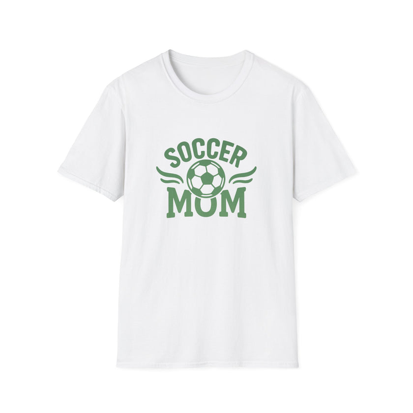 White t-shirt with 'Soccer Mum' text and soccer ball graphic on a white background