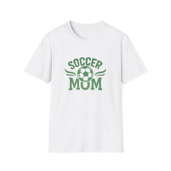 White t-shirt with 'Soccer Mum' text and soccer ball graphic on a white background