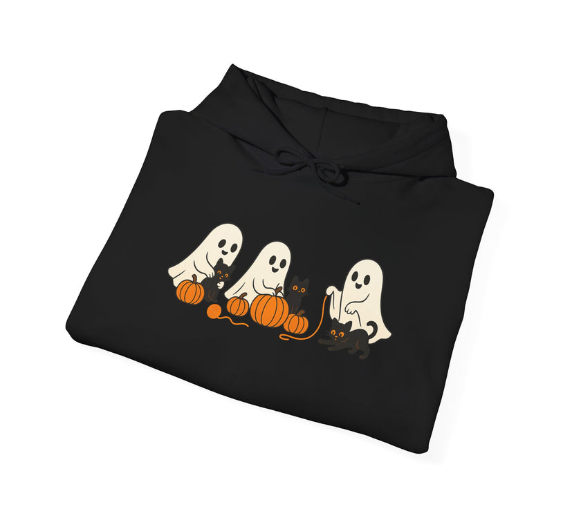 Black hoodie with Halloween-themed design of ghosts and pumpkins on a white background