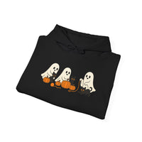 Black hoodie with Halloween-themed design of ghosts and pumpkins on a white background
