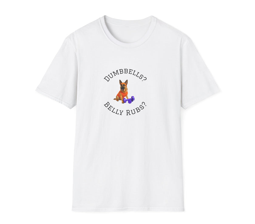 White t-shirt with a dog graphic and text on a white background
