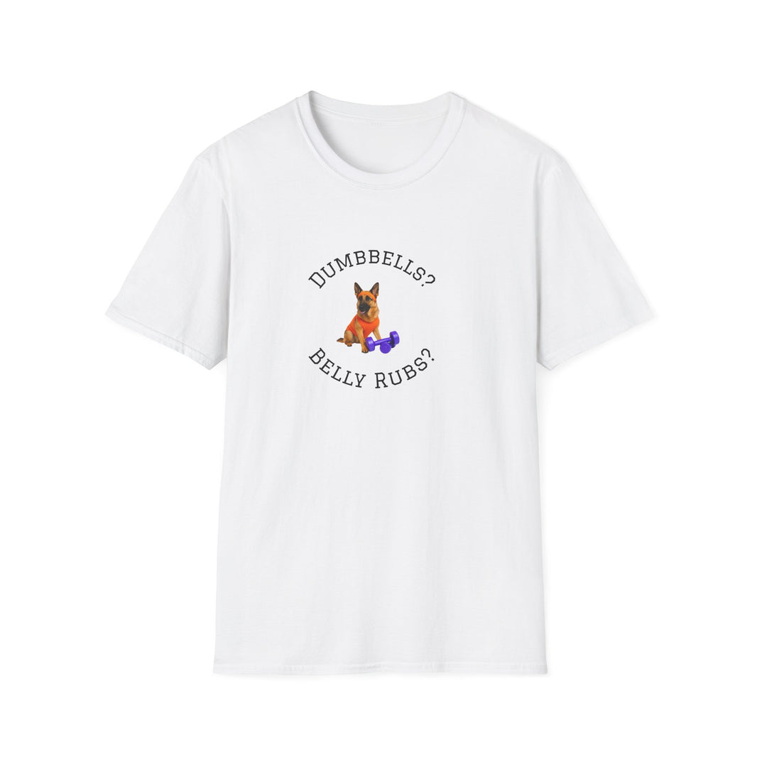 White t-shirt with a dog graphic and text on a white background