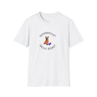 White t-shirt with a dog graphic and text on a white background