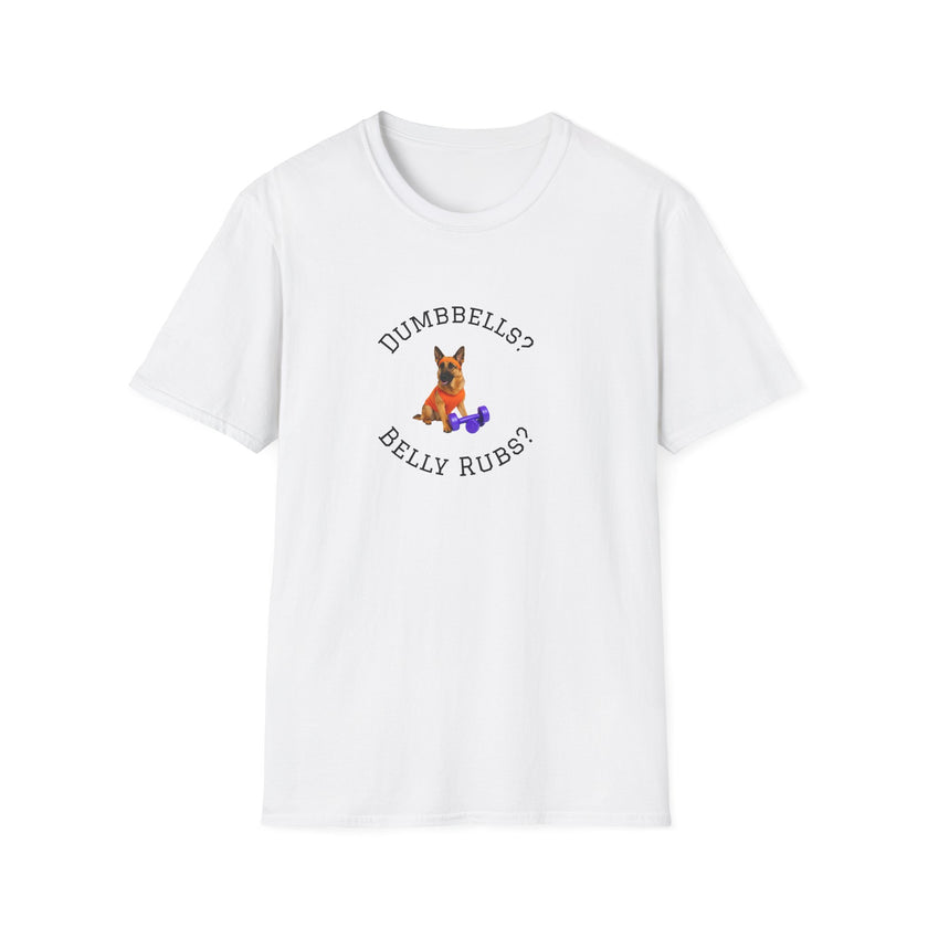 White t-shirt with a dog graphic and text on a white background