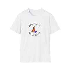 White t-shirt with a dog graphic and text on a white background