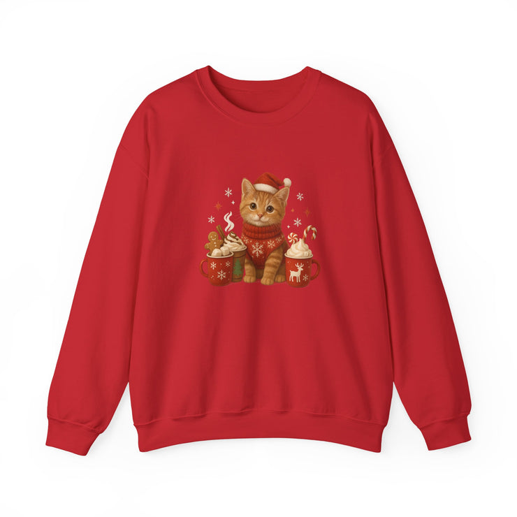 Red sweatshirt with a cat design wearing a Santa hat on a white background