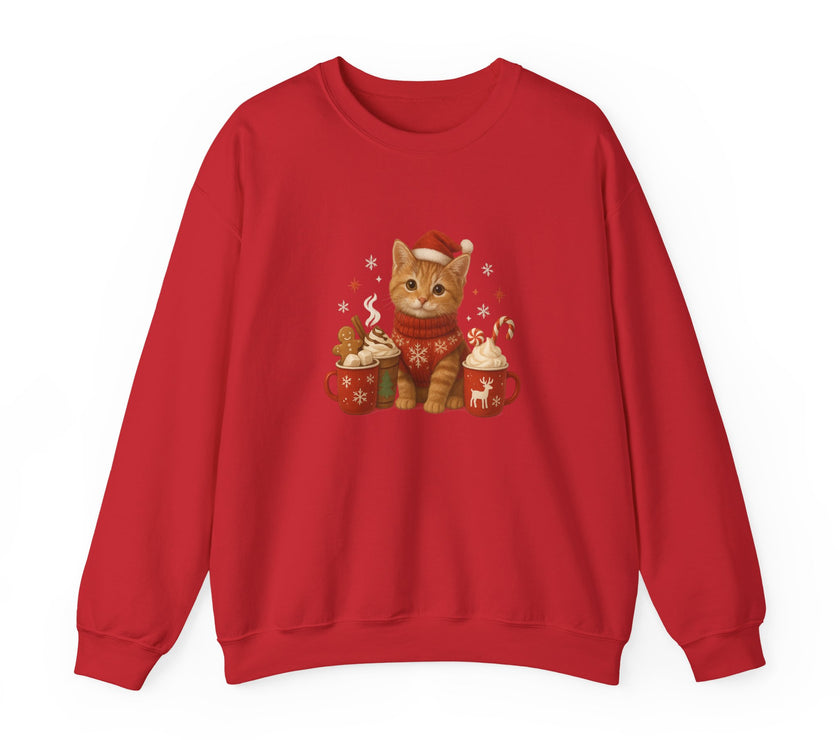 Red sweatshirt with a cat design wearing a Santa hat on a white background