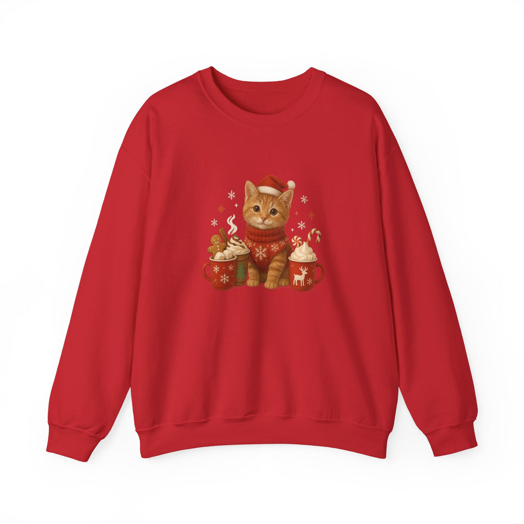 Red sweatshirt with a cat design wearing a Santa hat on a white background