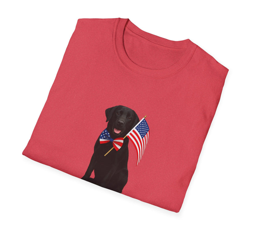 Heather Red  t-shirt featuring a patriotic Black Lab wearing an American flag bowtie and holding U.S. flags, with the Black Lab phrase "Born to Be Free" printed below — perfect for dog lovers and patriotic Americans.