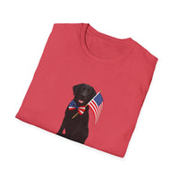 Heather Red  t-shirt featuring a patriotic Black Lab wearing an American flag bowtie and holding U.S. flags, with the Black Lab phrase "Born to Be Free" printed below — perfect for dog lovers and patriotic Americans.