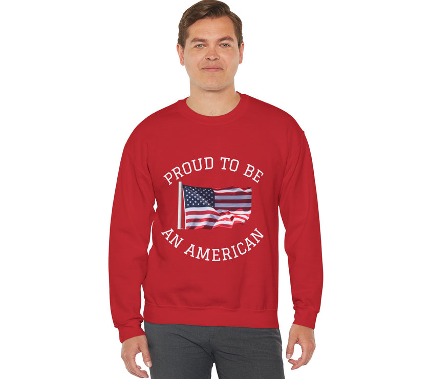 Person wearing a red sweatshirt with an American flag and text on a white background