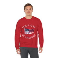 Person wearing a red sweatshirt with an American flag and text on a white background