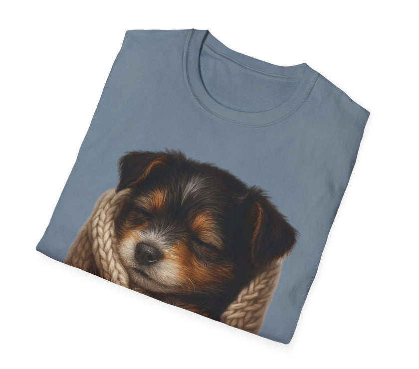 Folded t-shirt with a puppy design on a white background