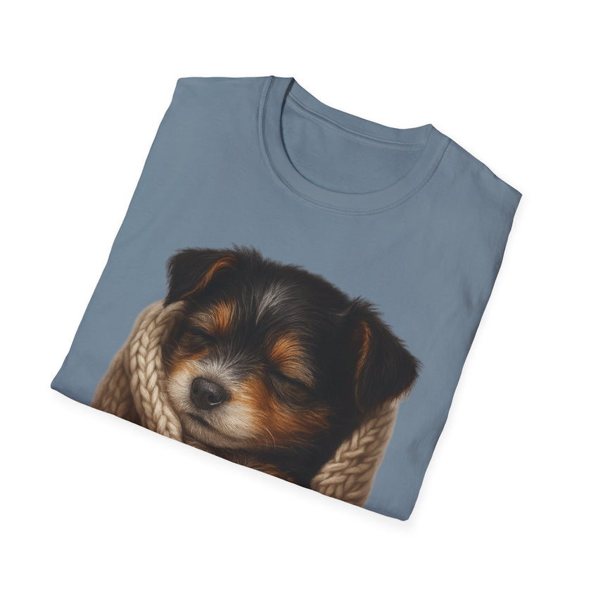 Folded t-shirt with a puppy design on a white background
